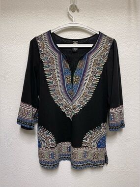 LUCKY BRAND Black Multi Colored Dashiki Bohemian Tunic Top Women’s Size L